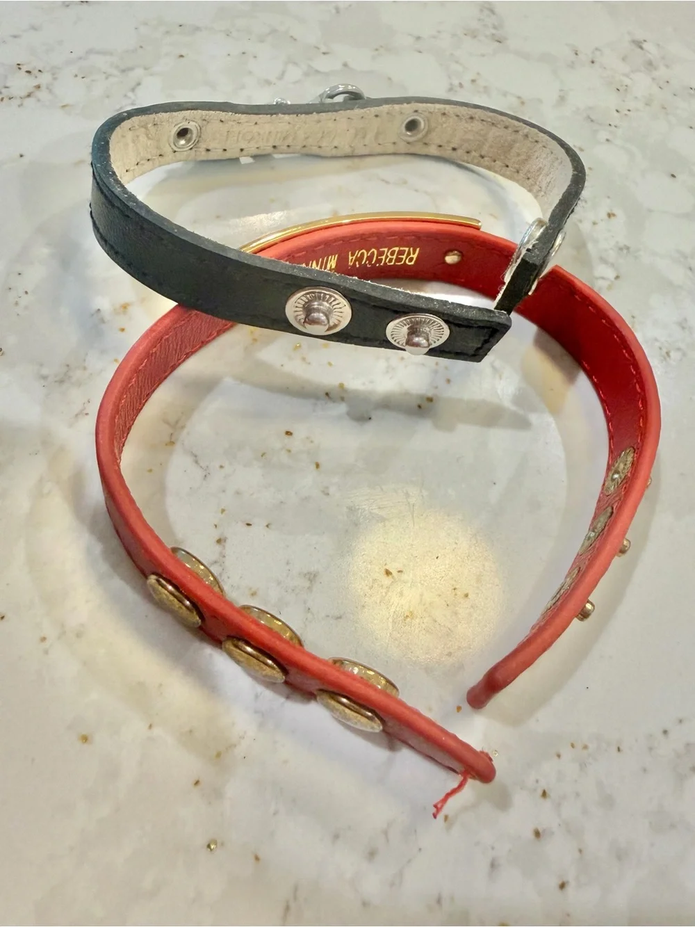 Rebecca Minkoff Leather Bracelet Stack • Black Dog Clip & Red Pyramid Cuff (Set